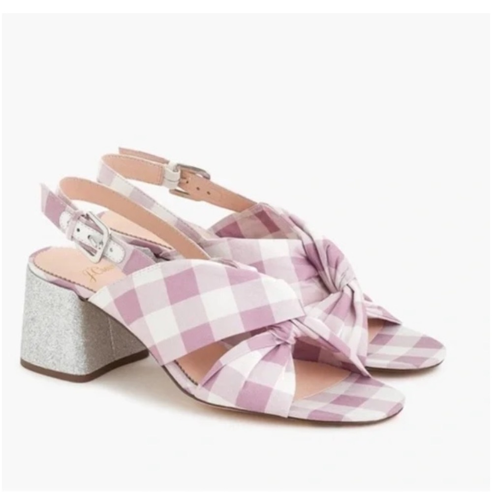 J. Crew JCrew Twisted Knot Penny Sandals Gingham Purple Silver Glitter Heel 8.5 - Picture 11 of 11